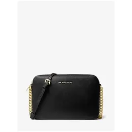 Сумка кросс-боди Michael Kors Сумка женская прямоугольная черная с золотой фурнитурой без украшений из натуральной кожи Michael Kors Logo Jet Set Large Saffiano Leather Crossbody Bag Black Gold 35T8GTTC9L, фактура гладкая, рельефная, зернистая, матовая, черный 76882485