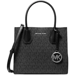 Сумка кросс-боди Michael Kors Сумка женская с логотипом черная из оригинального материала "Canvas" с серебряной фурнитурой Michael Kors Logo Mercer Medium Logo and Leather Accordion Crossbody Bag Black Silver 35T1SM9M2B, фактура зернистая, рельефная, тиснение, перфорированная, гладкая, матовая, black 101982056893
