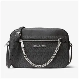 Сумка кросс-боди Michael Kors Женская прямоугольная черная с логотипом и серебряной цепью сумка Michael Kors Outlet Jet Set Large Logo Crossbody Bag Black 35S1STTC9B, фактура рельефная, черный 101812296671