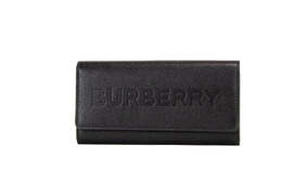 Burberry Porter Black Grained Leather Branded Logo Embossed Clutch Flap Wallet 44540