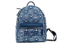 MCM Stark Blue Vintage Jacquard Monogram Logo Fabric Backpack Bookbag 36474