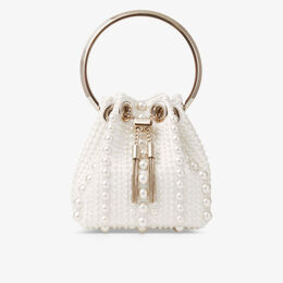 Атласная сумка с ручкой сверху, украшенная жемчугом Bon Bon Micro Jimmy Choo, слоновая кость r04246326 | ivory