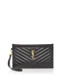 Стеганый кожаный клатч-кошелек с монограммой Saint Laurent, цвет Black 4166090 | black/gold