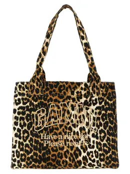 Ganni-Shopping Leopard Embroidery Logo Tote Marrone-Donna 51927732224340