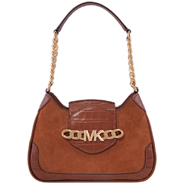 Michael Kors Brown Ladies Hally Small Suede And Crocodile Embossed Shoulder Bag 30f1g2hl1s-nwt