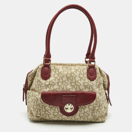DKNY Red/Beige Monogram Canvas and Leather Turnlock Pocket Satchel 788035
