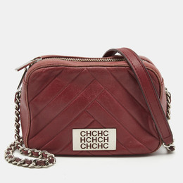 CH Carolina Herrera Burgundy Chevron Leather Logo Camera Crossbody Bag 782506