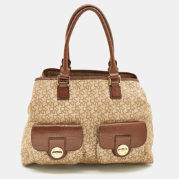 DKNY Beige/Brown Monogram Canvas and Croc Embossed Leather Turnlock Pocket Bag 714562
