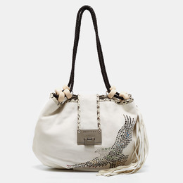 Jimmy Choo White Embellished Leather and Python Trim Beaded Drawstring Hobo 683556