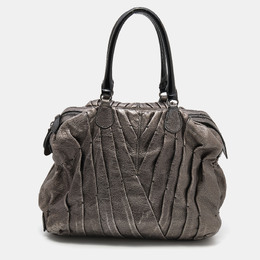 Valentino Metallic Grey Leather Maison Pintucked Shopper Tote 642299