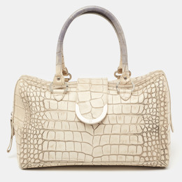 Aigner Vanilla/Black Croc Embossed Leather Flap Satchel 630463