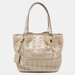 Tod's Metallic Beige Leather Studded Flower Tote 625290