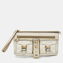 Gucci Metallic Gold Laminate Leather Studded Evening Wristlet Clutch 600000