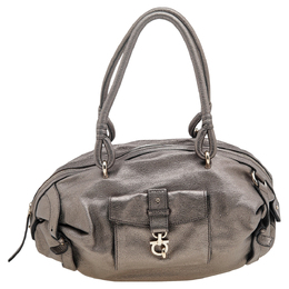 Salvatore Ferragamo Metallic Grey Leather Gancini Front Pocket Satchel 596966