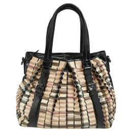 Burberry Black/Beige House Check PVC and Patent Leather Lowry Ruffled Tote 555006