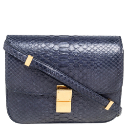 Celine Navy Blue Python Medium Classic Box Shoulder Bag 555033