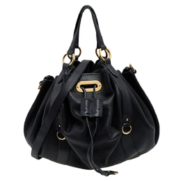Ralph Lauren Black Perforated Leather Drawstring Hobo 554933