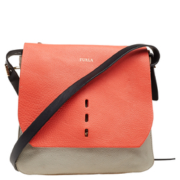 Furla Orange/Grey Leather And Suede Flap Shoulder Bag 500495