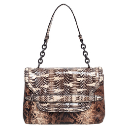 Bottega Veneta Brown Intrecciato Karung and Watersnake Detail Flap Shoulder Bag 486155