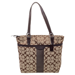 Coach Brown /Beige Canvas And Patent Leather Top Zip Tote 470876
