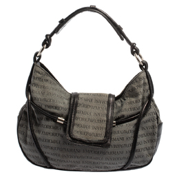 Emporio Armani Black/Grey Monogram Canvas and Leather Hobo 413992