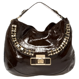 Anya Hindmarch Dark Brown Patent Leather Studded Hobo 419143