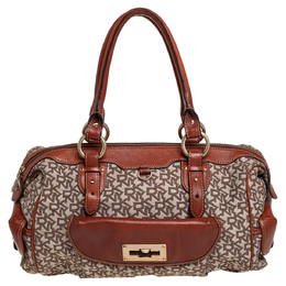 DKNY Beige/Brown Signature Canvas and Leather Satchel 425953