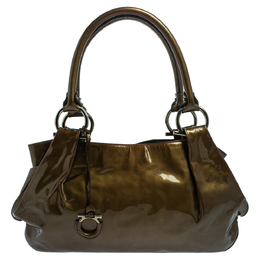 Salvatore Ferragamo Olive Green Patent Leather Shoulder Bag 407228