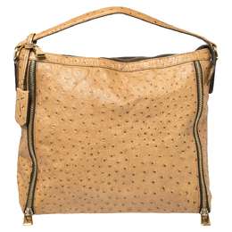 Furla Beige Ostrich Embossed Leather Zip Hobo 406541