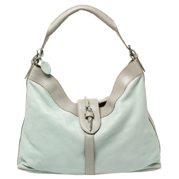 Valentino Mint Blue/Grey Grain Leather Metal Flap Hobo 396779