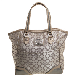 Versace Beige Monogram Fabric and Croc Embossed Leather Tote 390707