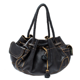 Cole Haan Black Leather Drawstring Braided Handle Hobo 368789