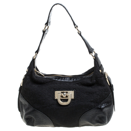 DKNY Black Signature Canvas and Croc Embossed Leather Buckle Hobo 339141