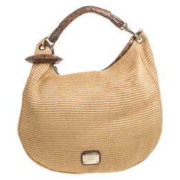Jimmy Choo Tan Straw and Snake Skin Trim Handle Sky Hobo 259072