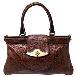 Etro Brown Paisley Embossed Leather Turnlock Shoulder Bag 241231