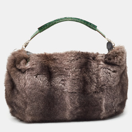 Gianfranco Ferre Black/Green Rabbit Fur, Croc and Leather Zip Hobo 891684