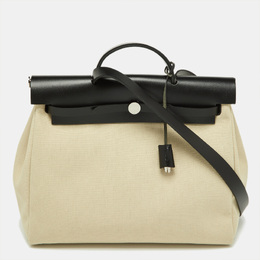 Hermes Beton/Black Toile Canvas and Vache Hunter Leather Herbag Zip 39 Bag 888736