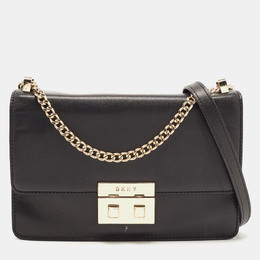 DKNY Black Leather Pushlock Flap Chain Crossbody Bag 900260