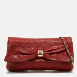 CH Carolina Herrera Red Monogram Leather Bow Chain Clutch 925708