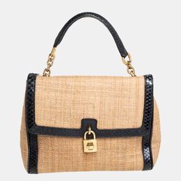Dolce & Gabbana Beige/Black Raffia and Python Trim Miss Dolce Top Handle Bag 418858