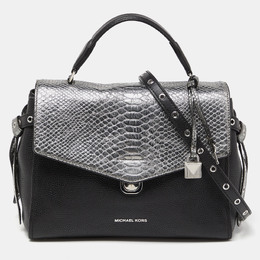 Michael Kors Black/Silver Leather and Snakeskin Embossed Leather Medium Bristol Top Handle Bag 933210