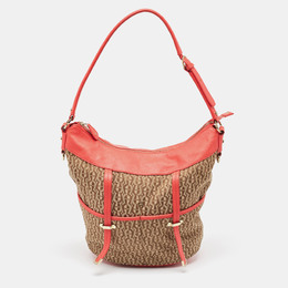 Aigner Coral/Brown Monogram Canvas and Leather Bucket Bag 954488