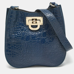 DKNY Navy Blue Croc Embossed Leather Messenger Bag 954483