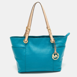 Michael Kors Teal Blue/Beige Leather Jet Set Tote 967535