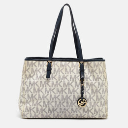 Michael Kors Navy Blue/White Signature Coated Canvas and Leather Jet Set Tote 985126