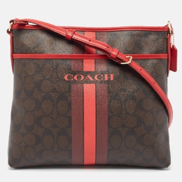 Coach Dark Brown/Red Signature Coated Canvas Varsity Striped File Crossbody Bag 984778