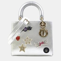 Christian Dior Metallic Silver Leather Medium Lady Christian Dior Tote Bag 992051