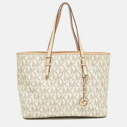 Michael Kors Beige/White Signature Coated Canvas and Leather Jet Set Tote 995797