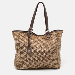 Aigner Brown/Beige Signature Canvas and Leather Snap Tote 1000404