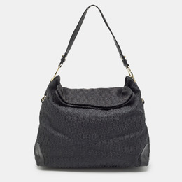 Aigner Black Monogram Canvas and Leather Logo Handle Hobo 1002042